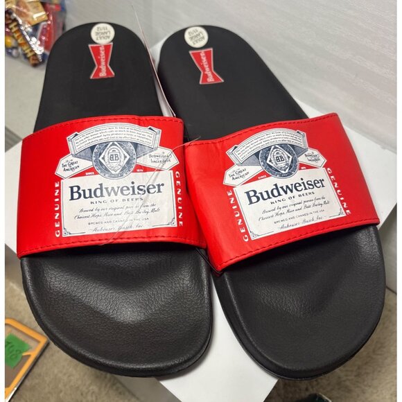 Budweiser Slides Sandals Size L 11-12 Black Red New Unisex - Picture 2 of 9